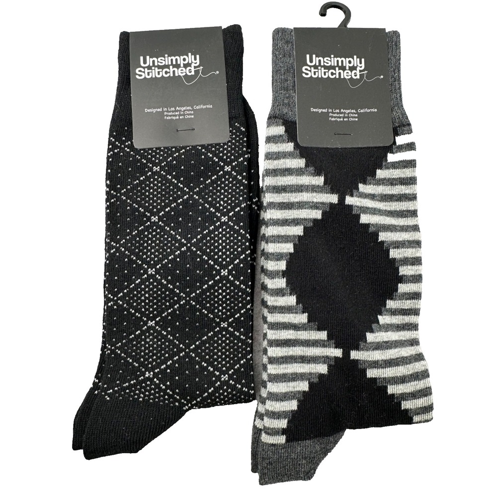 UNSIMPLY STITCHED Novelty Socks 2-Pairs Black Diamond & Gray Striped NEW Sz 8-12